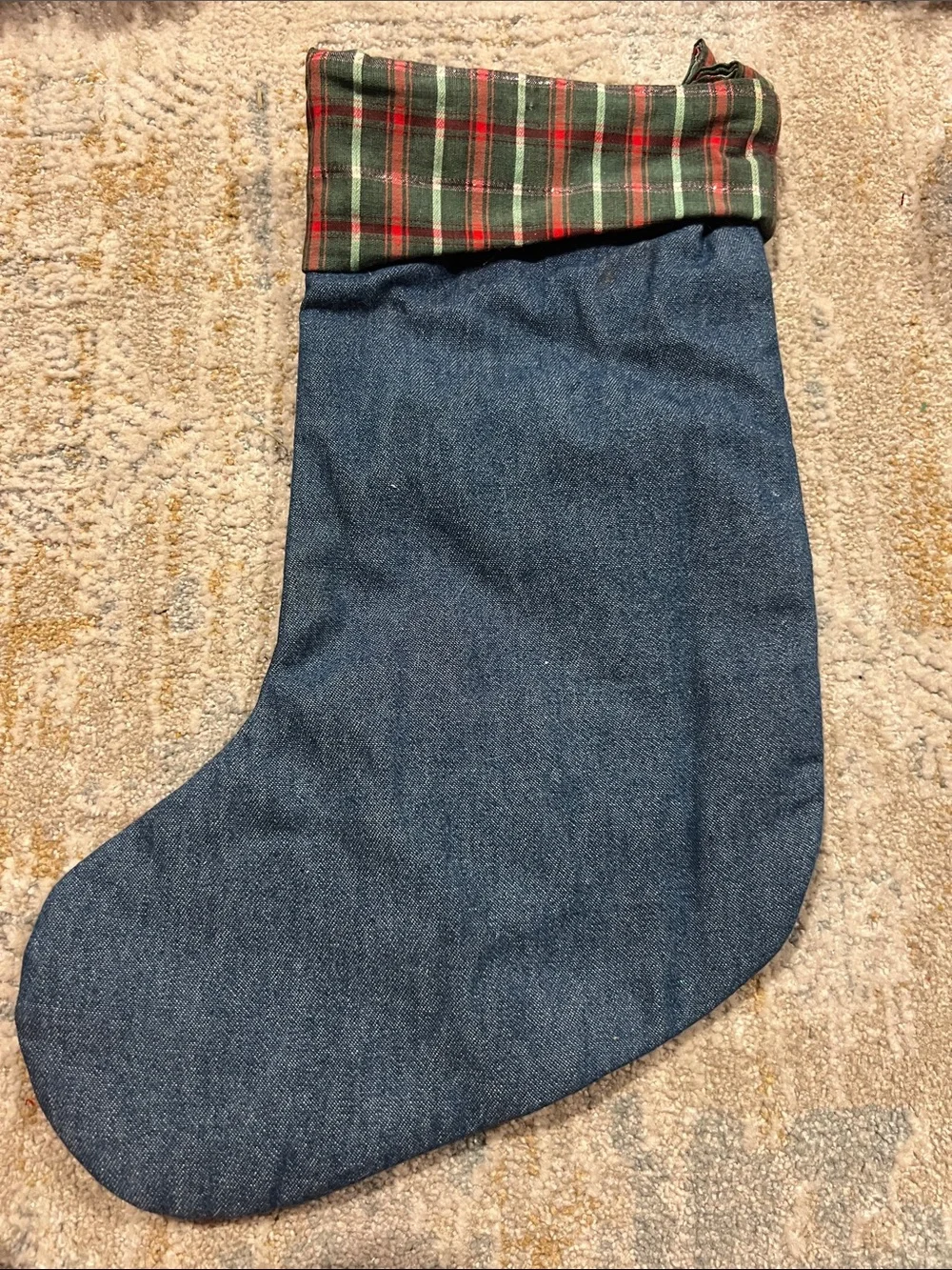 Kitty Cat Holiday Stocking - Blue Denim with Red Plaid Accents z95